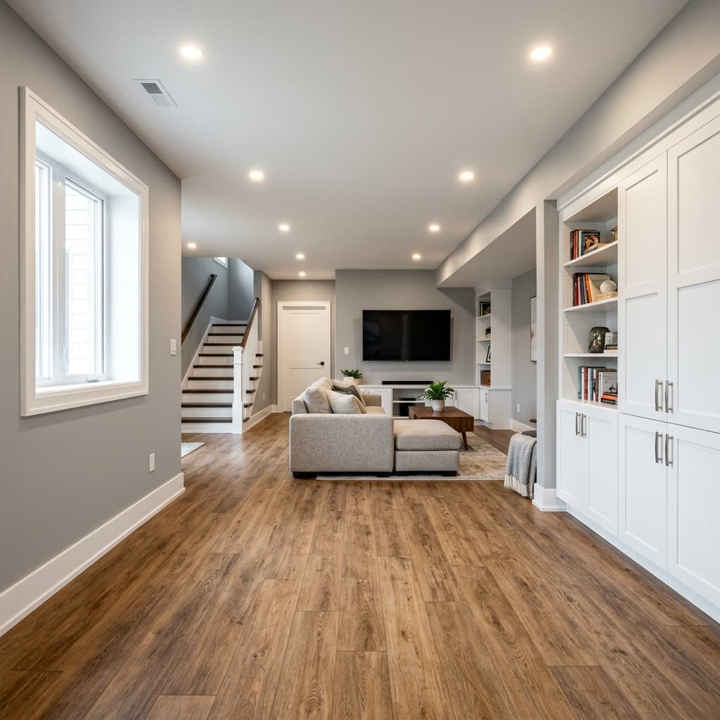 Modern basement transformation with accent wall